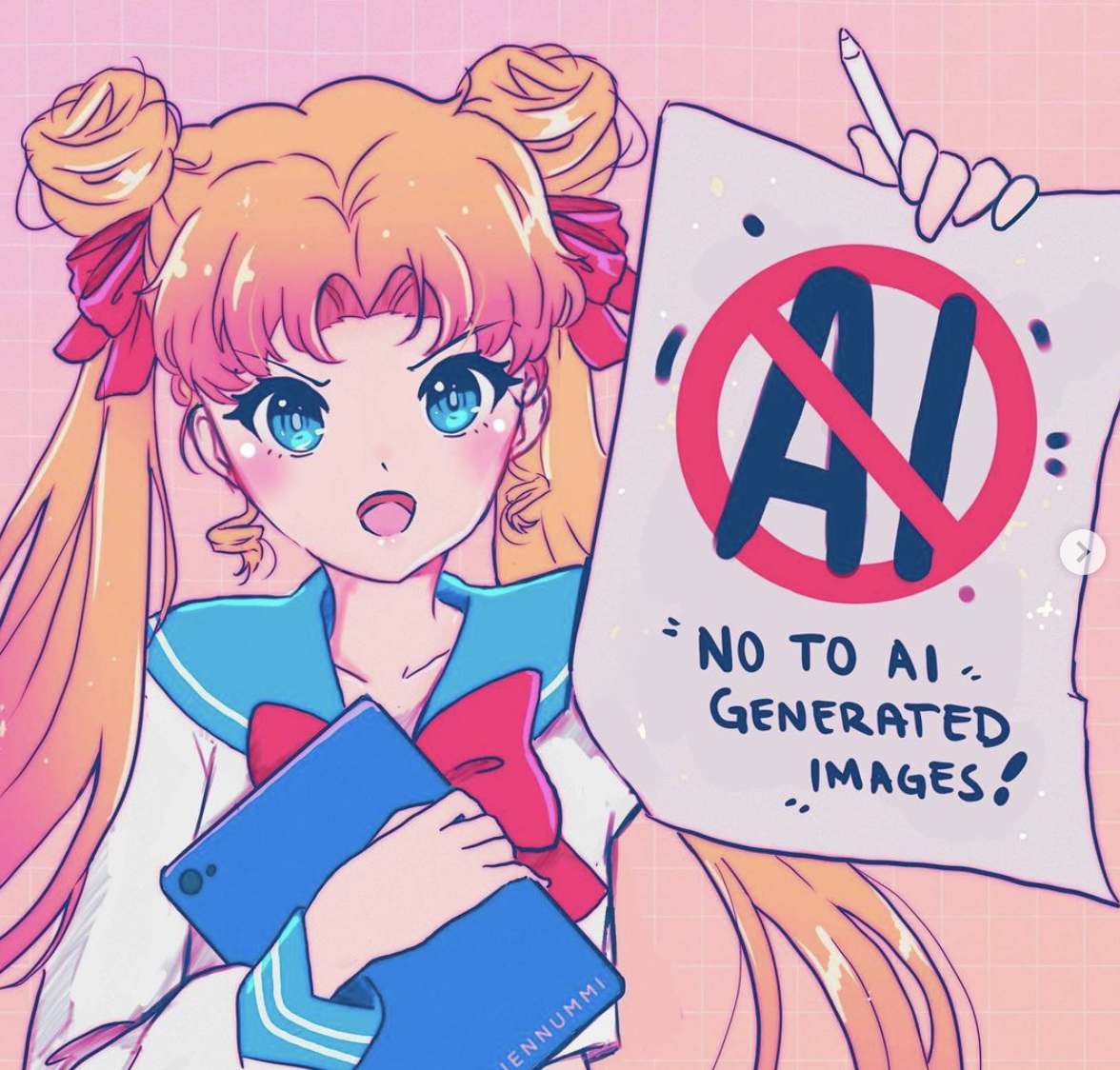 sailor moon holding a poster that states 'no to ai generated images! artwork done by Jennummi