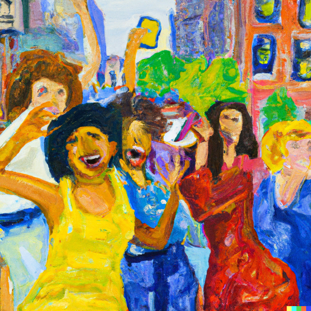 DALL·E oil painting in the style of Van Gogh of product design students at parsons having a wild and crazy time in New York City