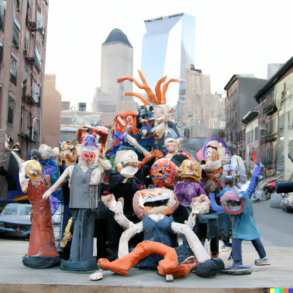 DALL·E claymation  sculptures of product design students at parsons having a wild and crazy time in New York City