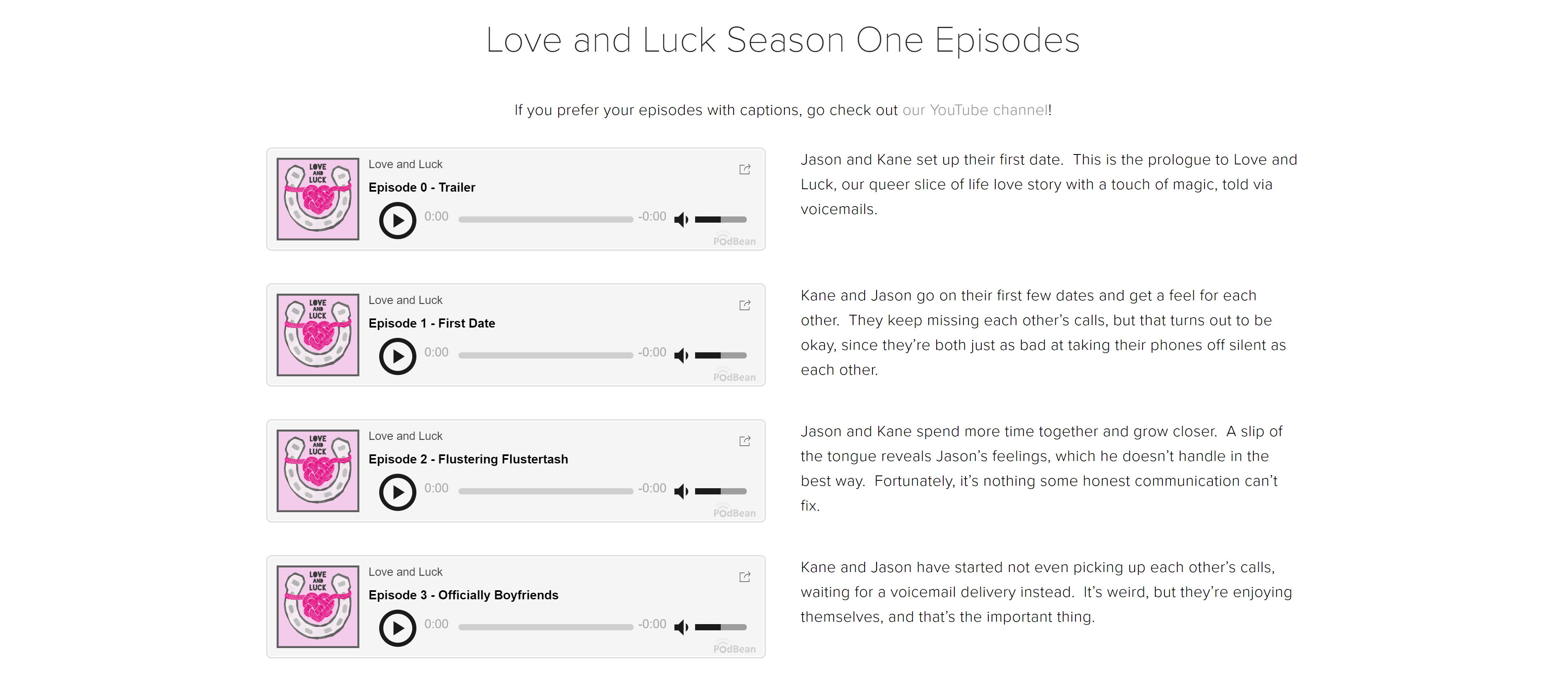 screenshot of www.loveandluck.com podcast