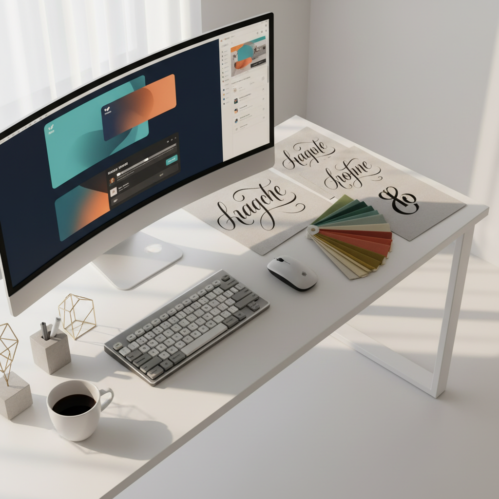 A sophisticated designer's workspace photographed from above in dramatic lighting. Clean white desk with a large monitor displaying colorful UI designs, scattered design sketches with elegant typography, a premium mechanical keyboard, wireless mouse, geometric desk accessories, color swatches, and a minimalist coffee cup. Soft natural lighting from the left creates gentle shadows. The composition uses the rule of thirds with negative space. Color palette of warm whites, soft grays, and subtle accent colors in the design materials. Professional photography style with shallow depth of field and cinematic lighting.