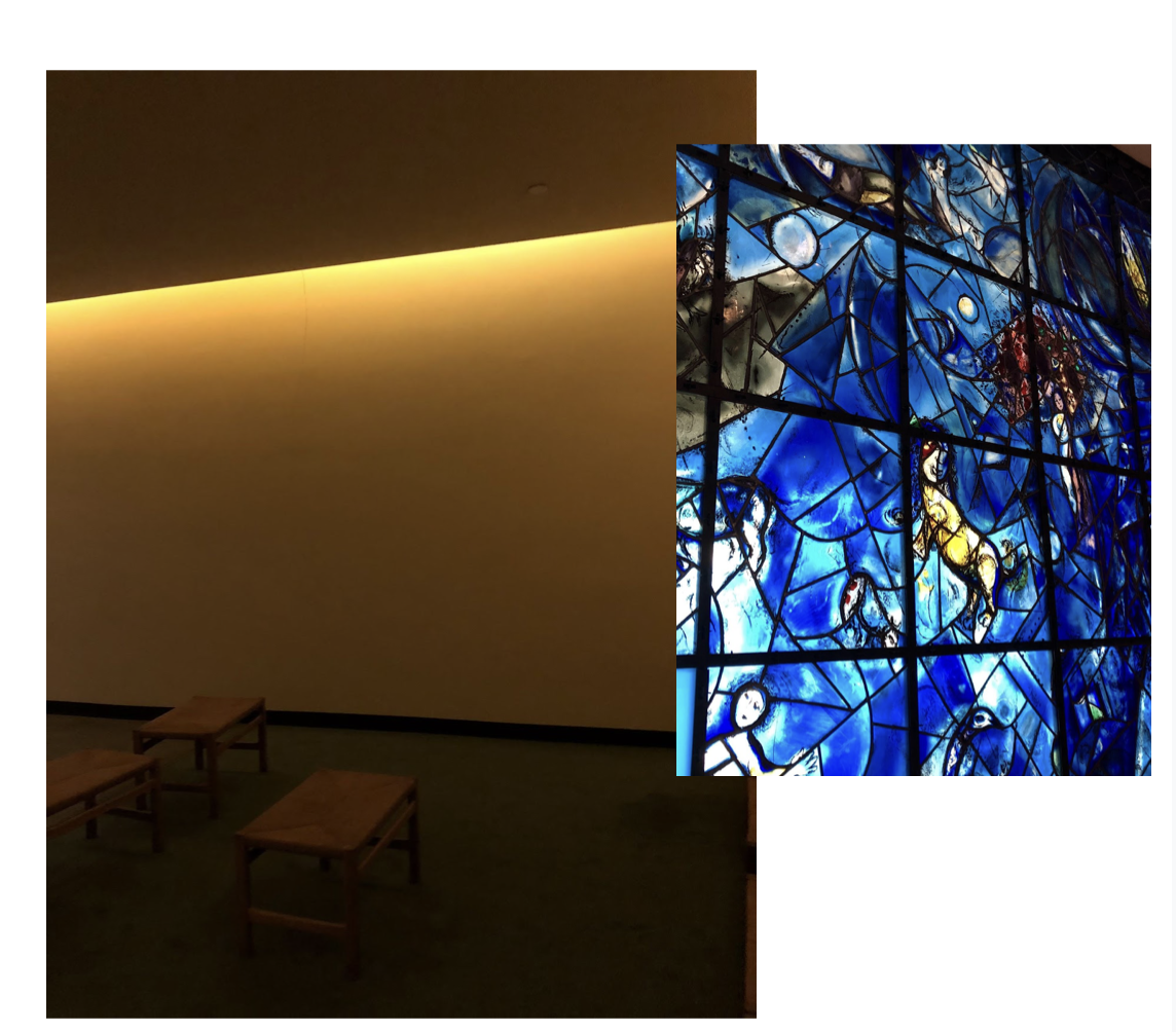 Two Photographs From The Inside of UN Head Quarters Intimate Prayer Room. One of the soothing warm light and prayer chairs and one of the royal blue stained window.