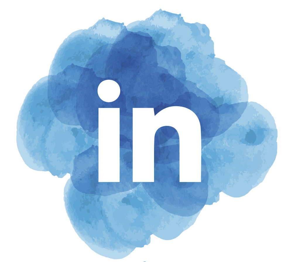 Illustration of Linked-In Logo, splashed with blue watercolor, with a direct link to Shelby's Linked-In profile page