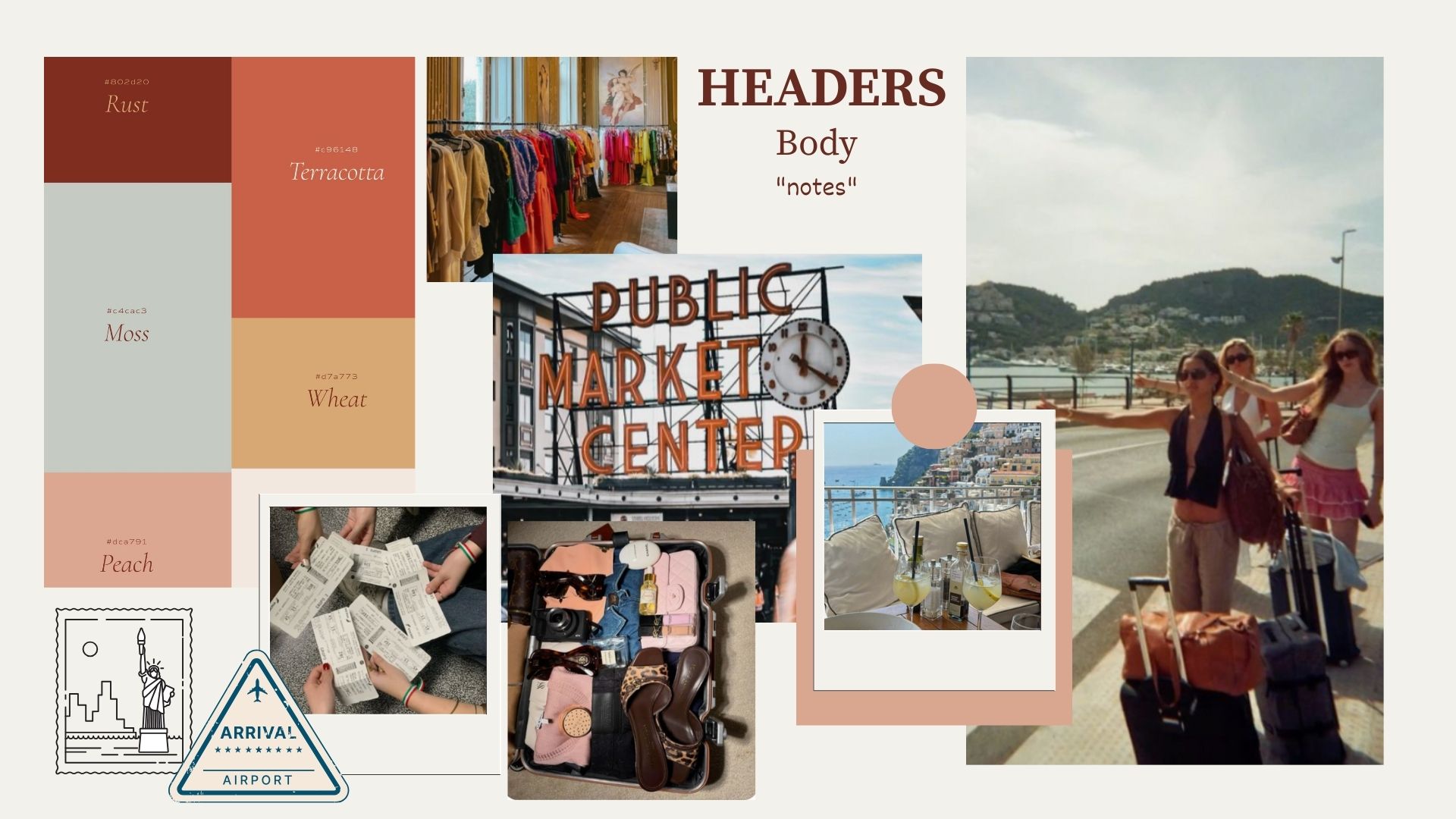 Mood board showing earthy tones, clean layout references, and student travel imagery