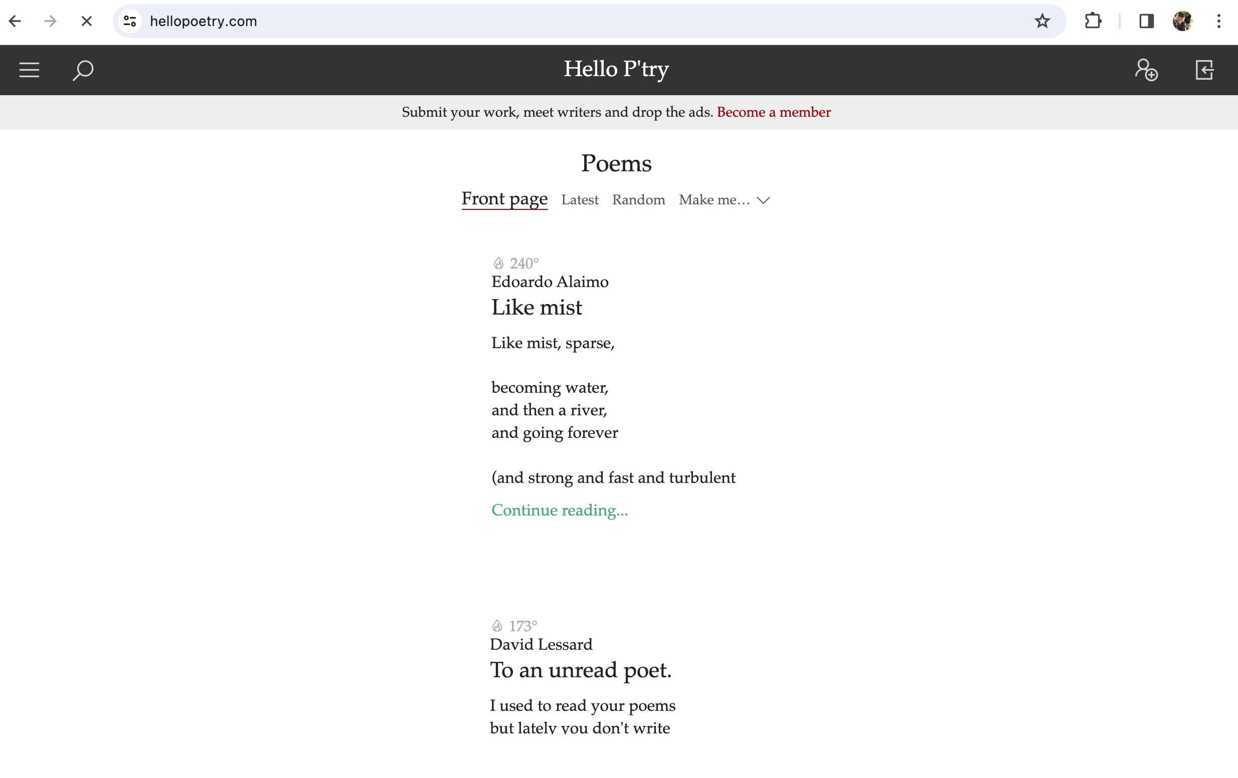 A screenshot Hello Poetry Homepage