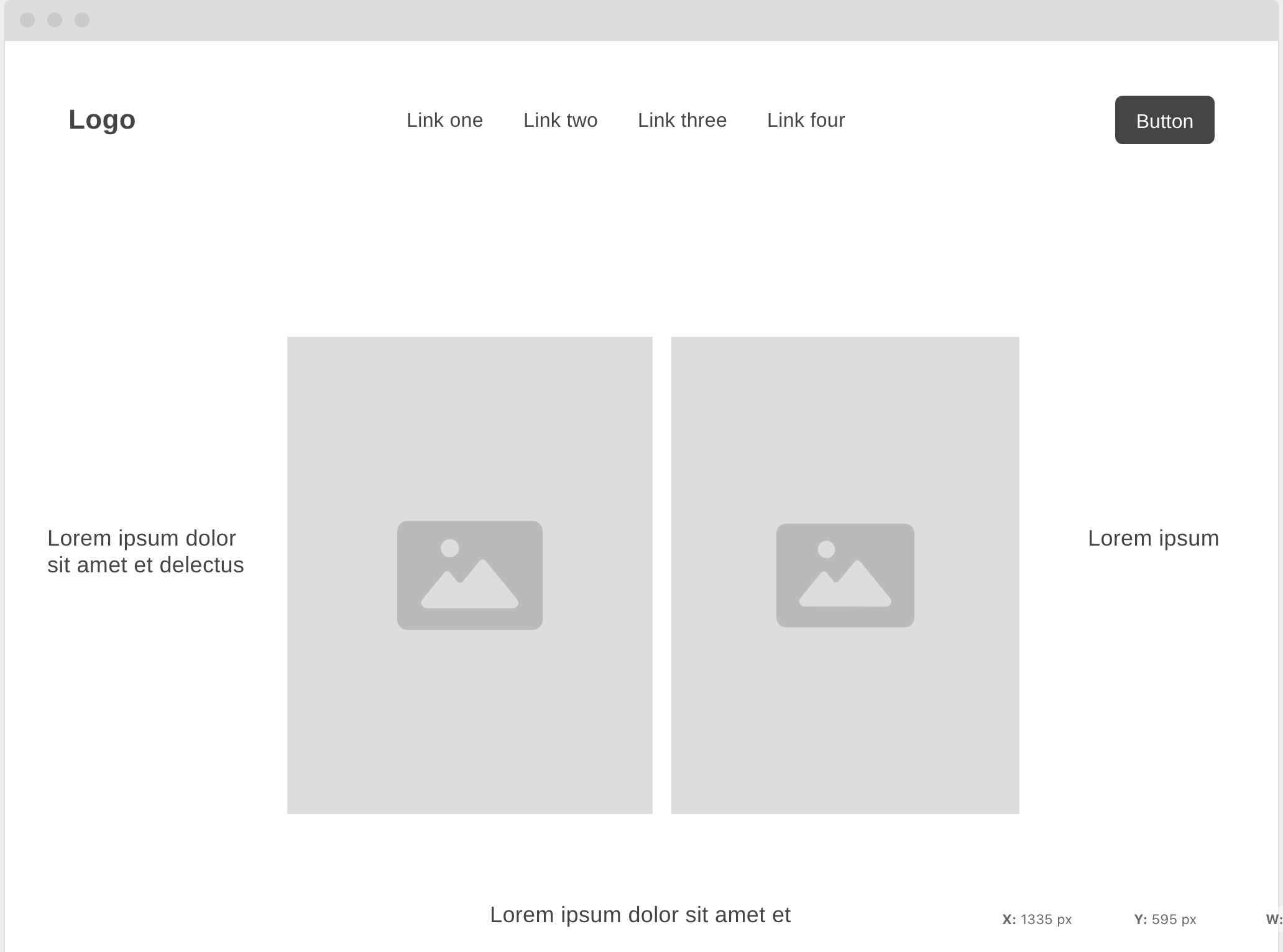 Wireframe sketch of the homepage layout: nav bar with logo, four links, and a CTA button, plus two large side-by-side image blocks flanked by short lines of text