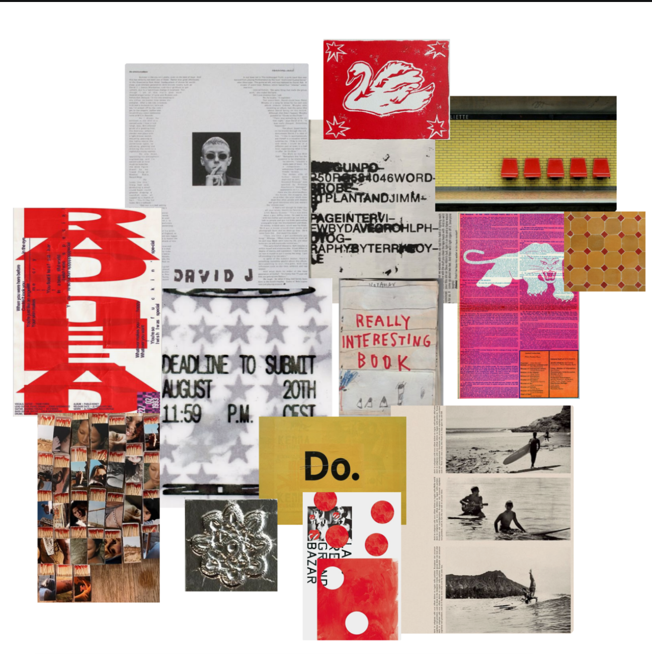 Mood board collage of color, texture, and typography references