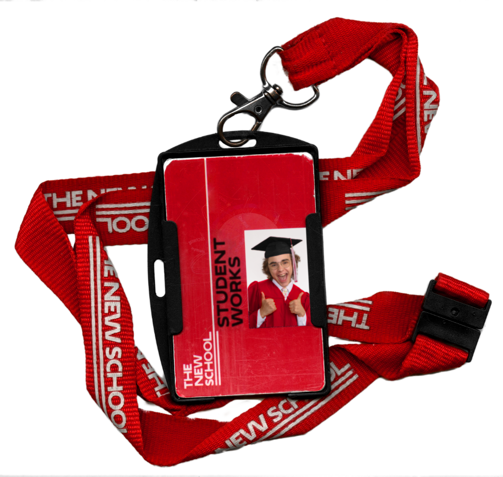 A student ID badge reading Student Works, The New School